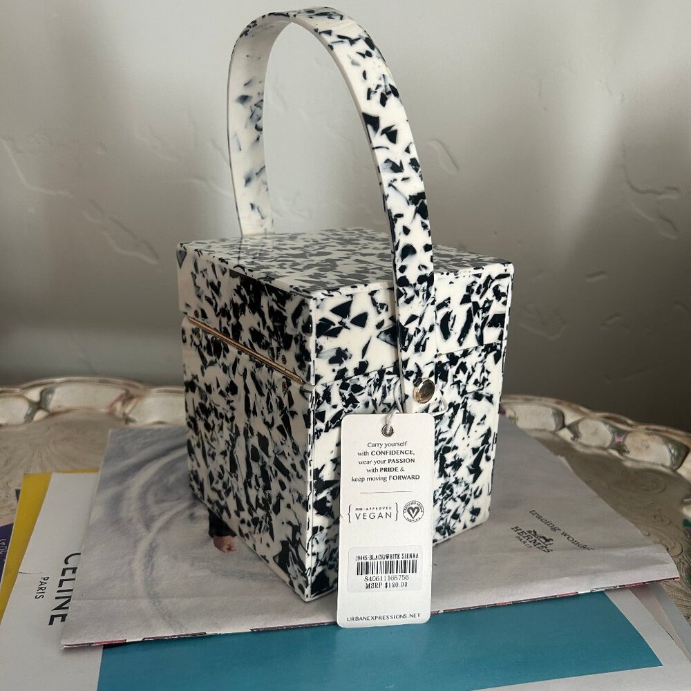 Urban Expressions Sienna Box Bag Black White Acrylic Top Handle Vegan Purse NWT